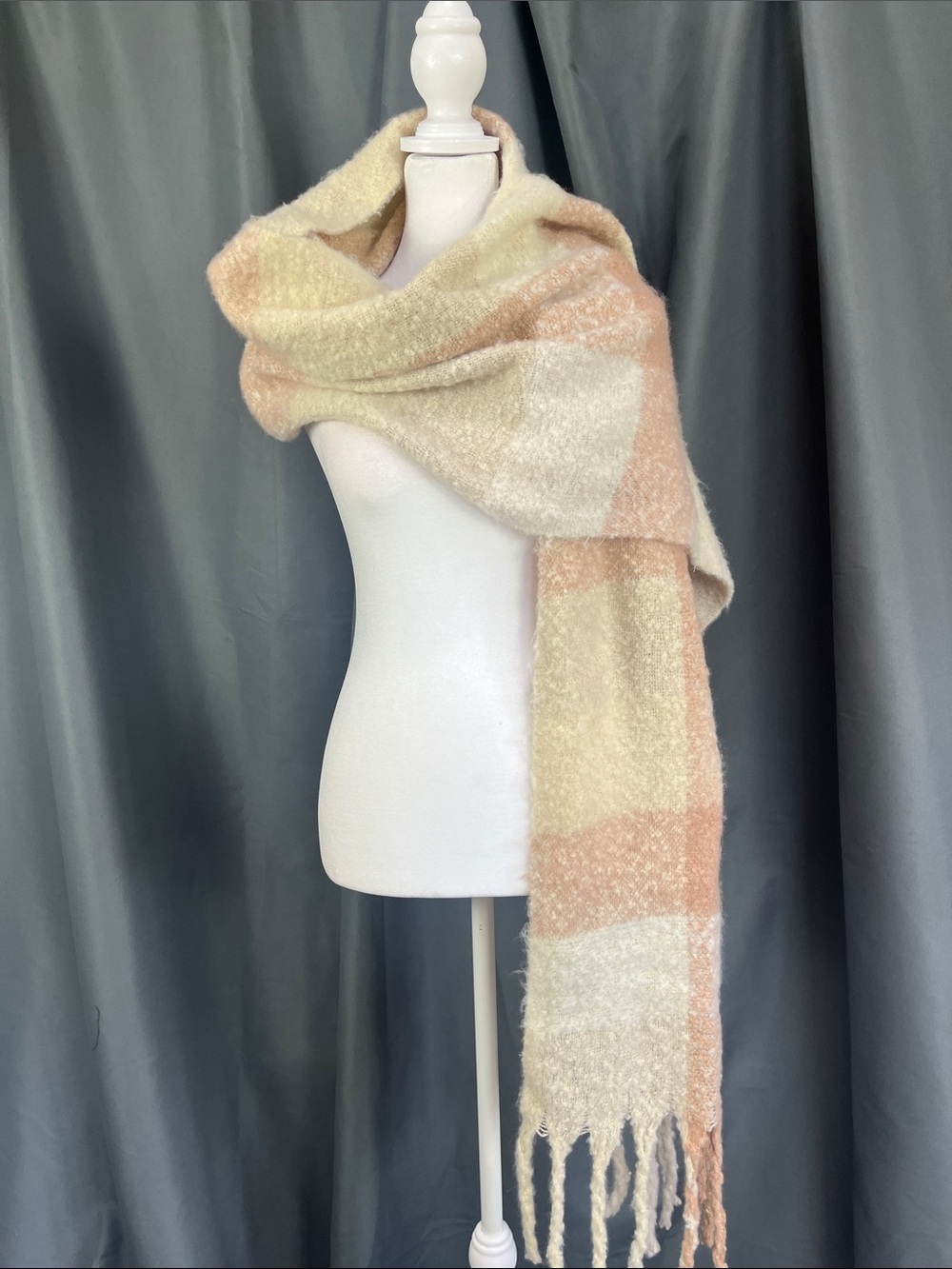 Cozy Oversized Cream & Peach Plaid Scarf